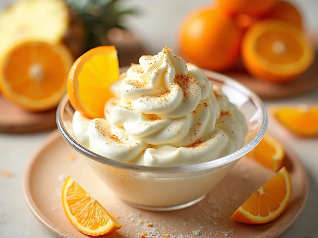 Creamy orange fluff dessert in a clear serving bowl