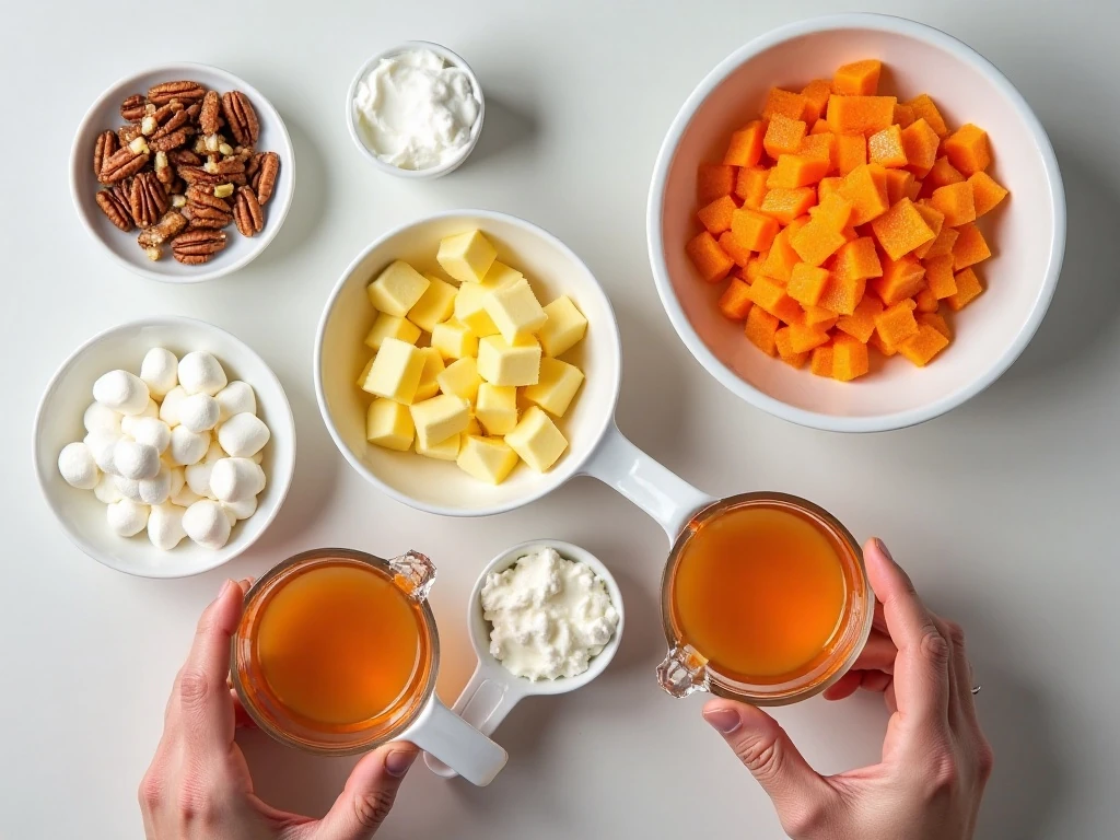 Ingredients for orange fluff dessert arranged on a counter