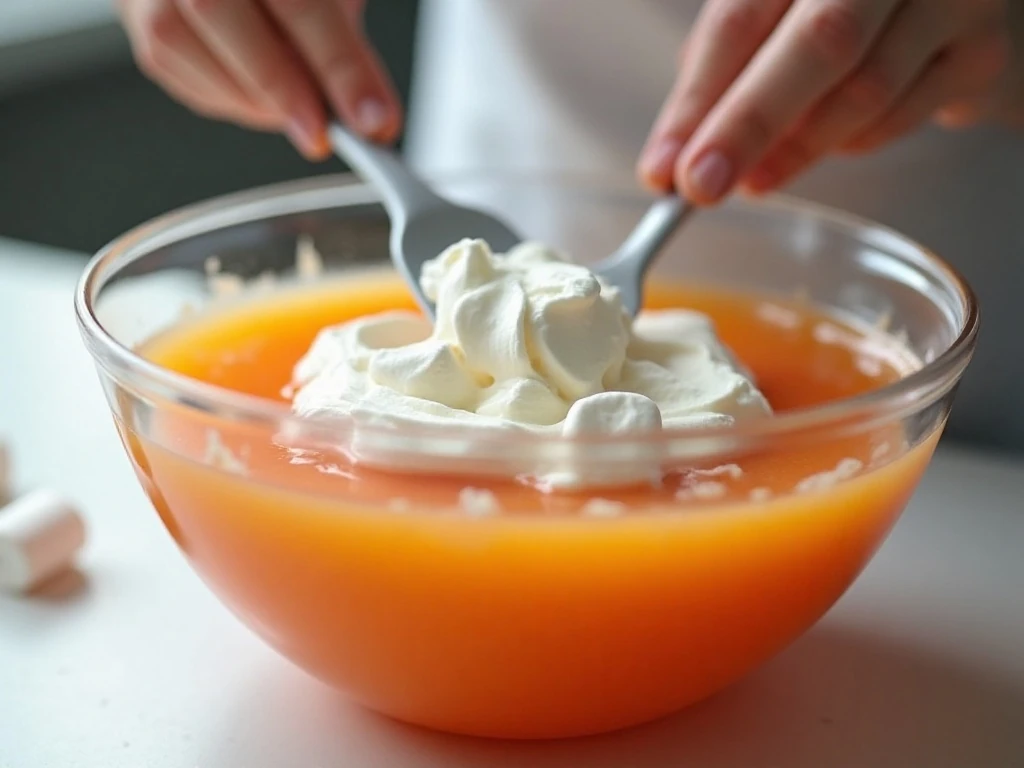 Whipped topping being folded into the orange fluff mixture