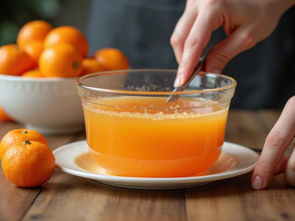 Drained mandarin oranges and cooled gelatin mixture for orange fluff