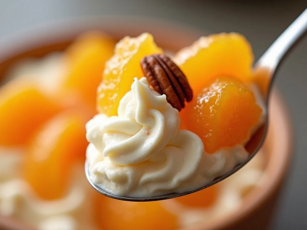 Orange fluff topped with mandarin oranges, whipped topping, and pecans