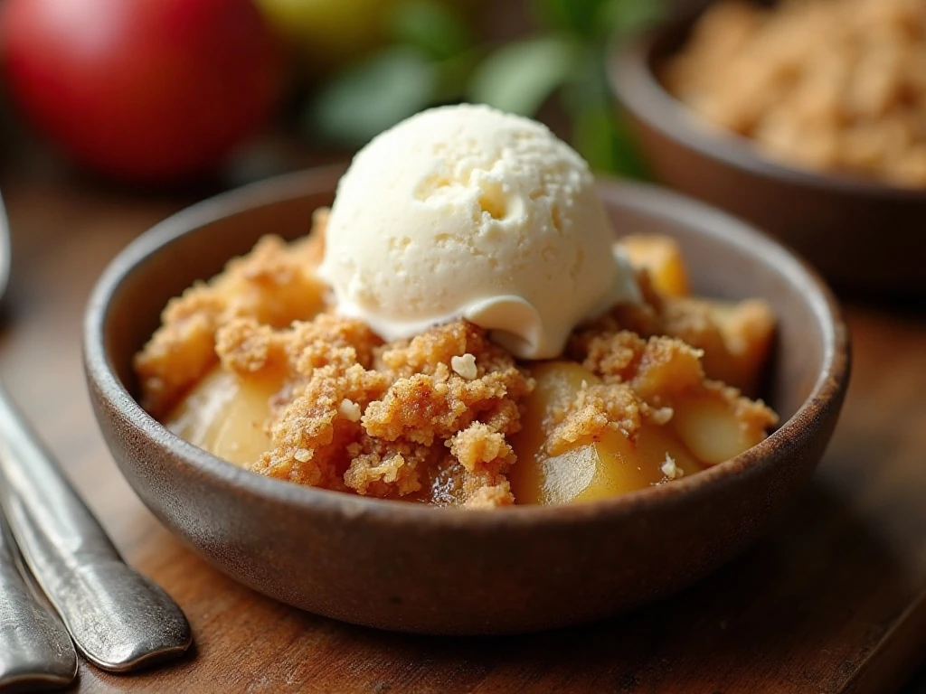 Warm homemade pear crisp with vanilla ice cream