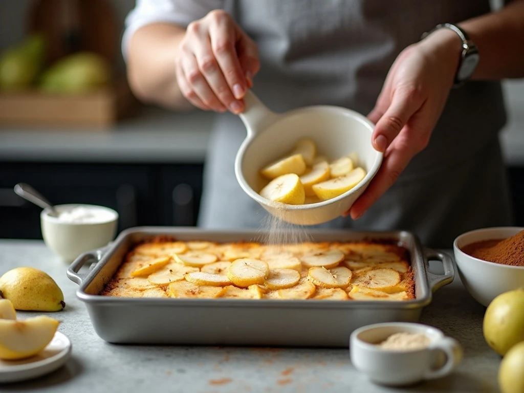 Preparing sliced pears for a pear crisp