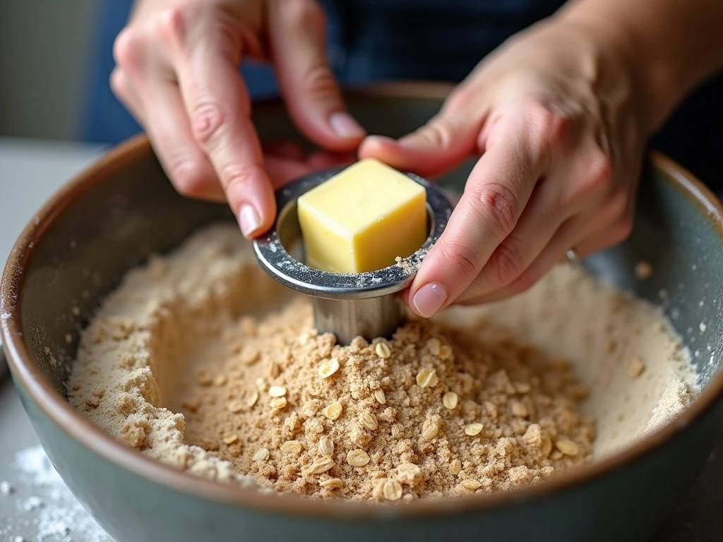Making a cold butter oat topping for pear crisp