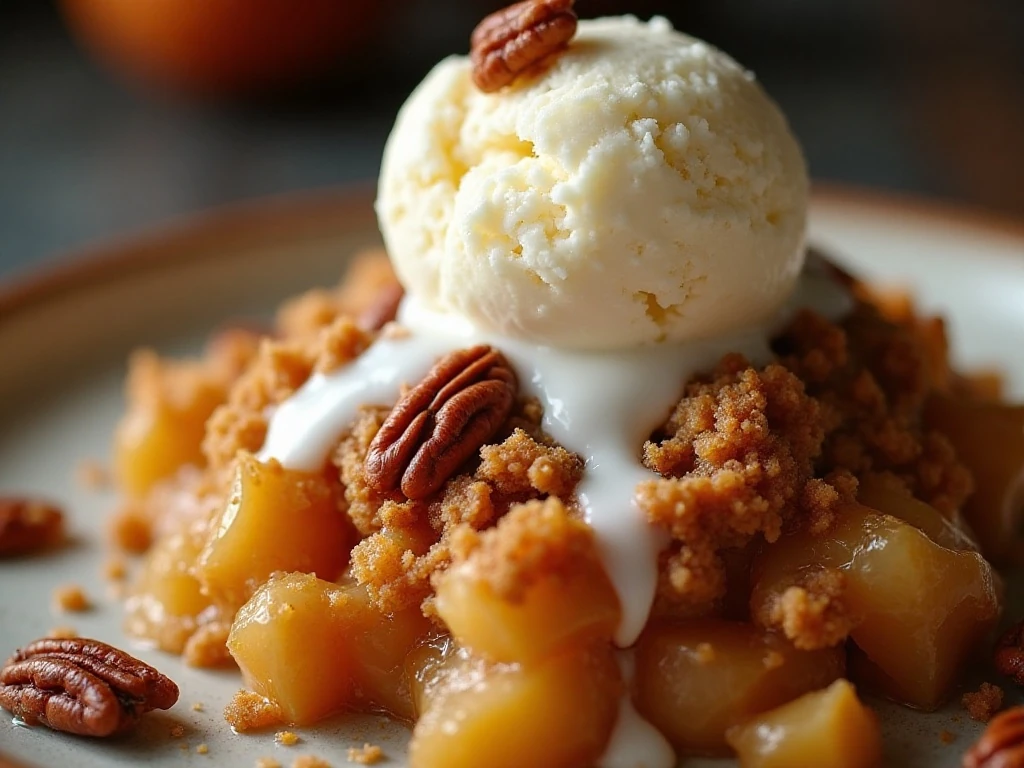 Pear crisp topped with melting vanilla ice cream and pecans