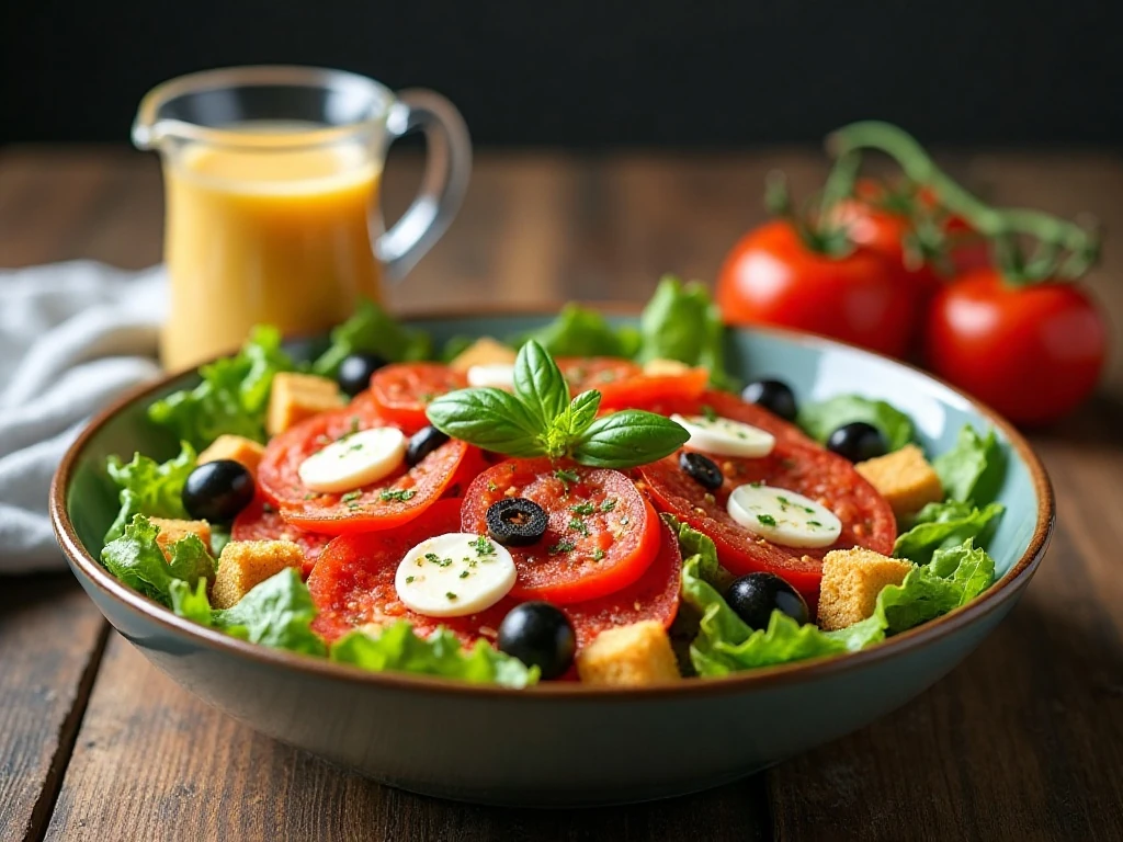 Colorful pizza salad with crisp romaine and classic pizza toppings