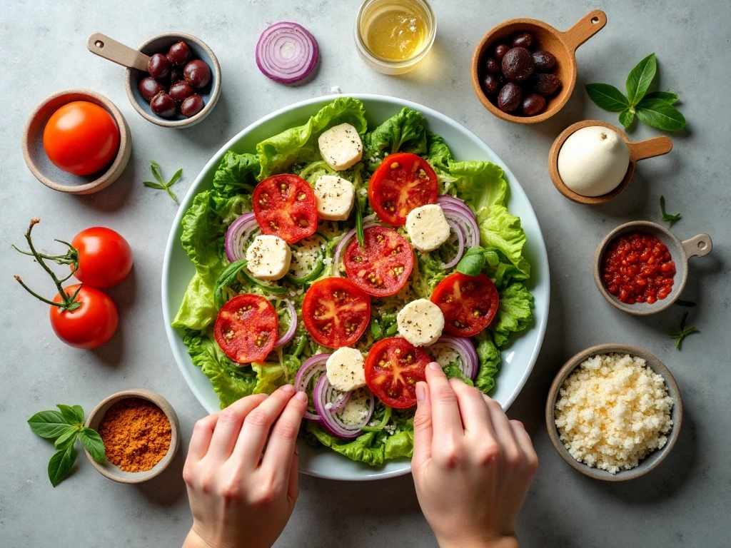 Ingredients for homemade pizza salad arranged for preparation