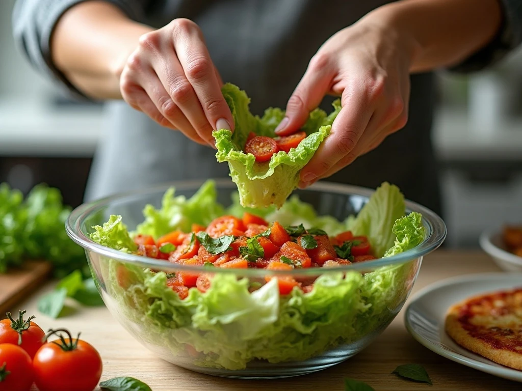 Tossing romaine and pizza toppings together for pizza salad