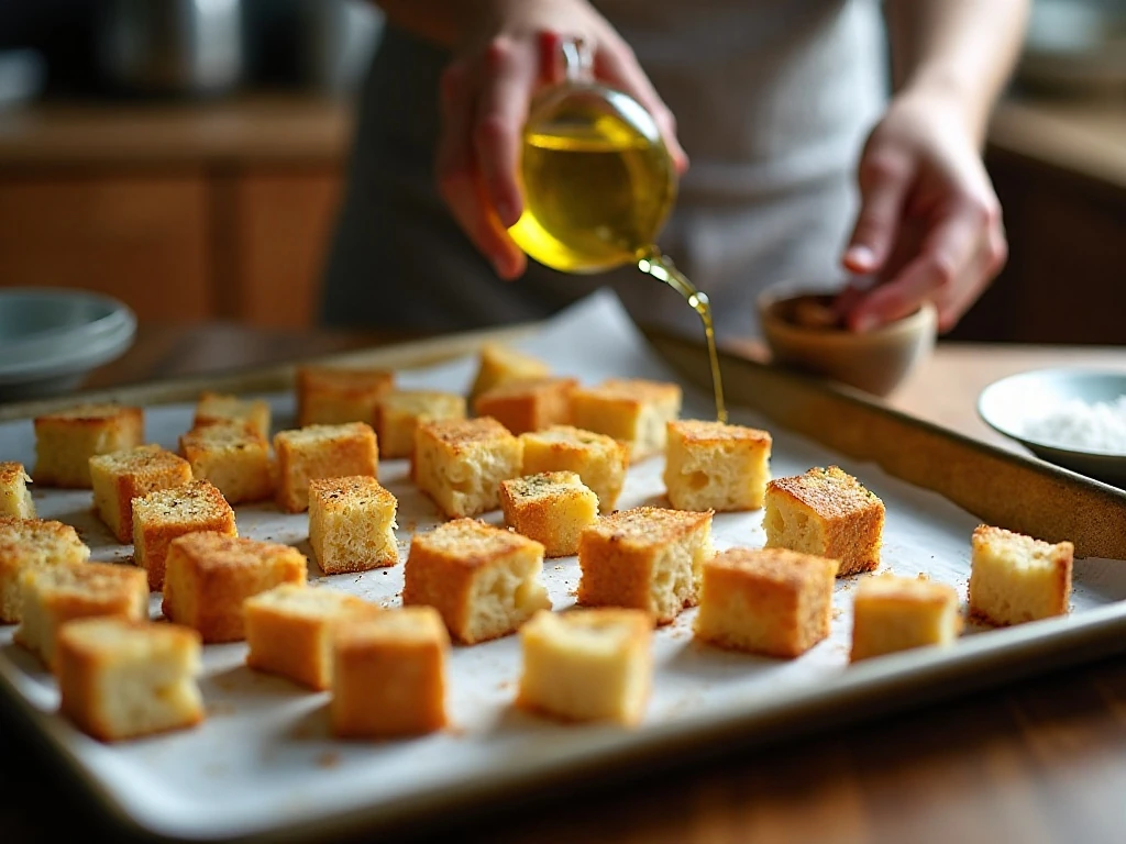 Italian bread cubes prepared as homemade pizza croutons