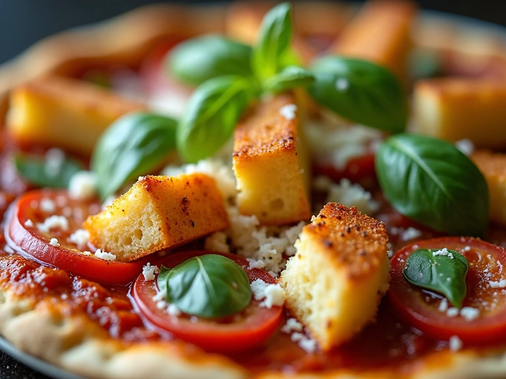 Crisp croutons and fresh basil finishing a pizza salad