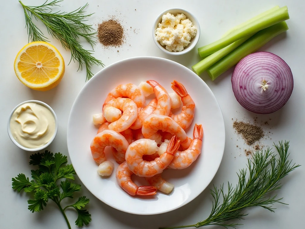 Ingredients for creamy shrimp and crab seafood salad