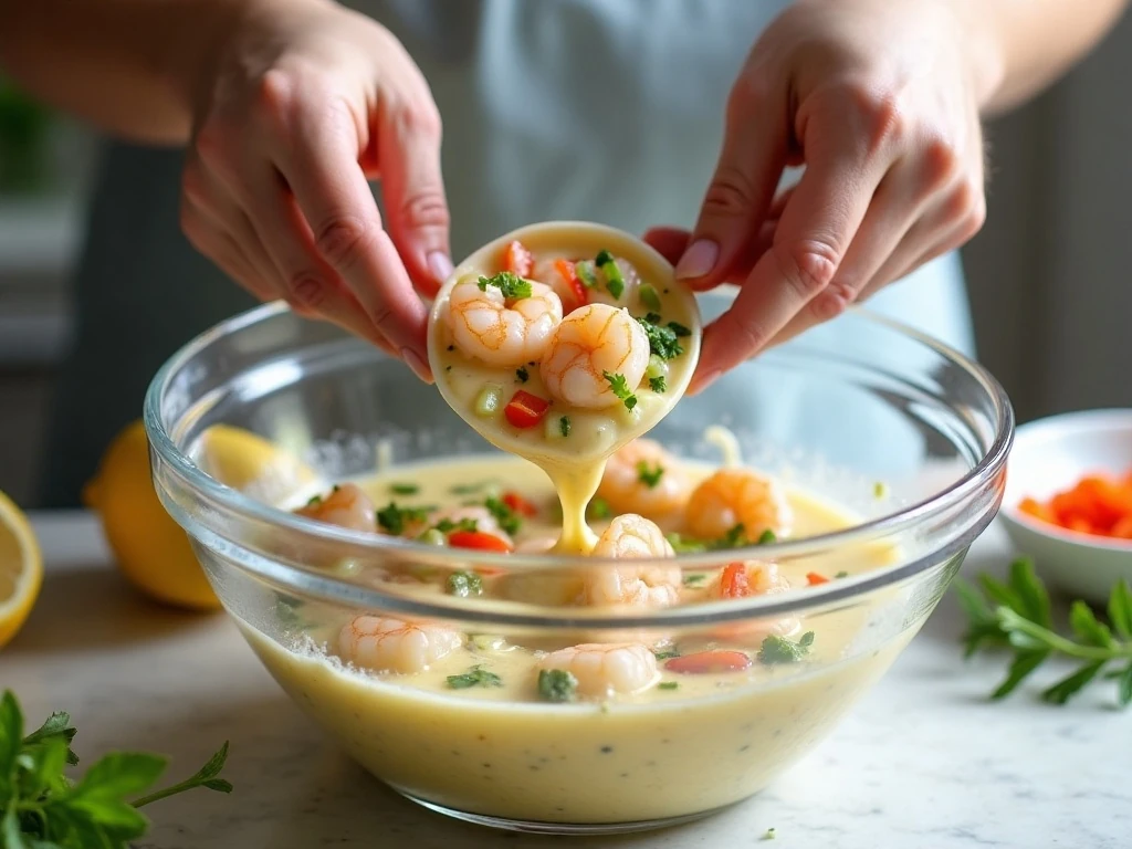 Mixing shrimp and crab into the creamy seafood salad dressing