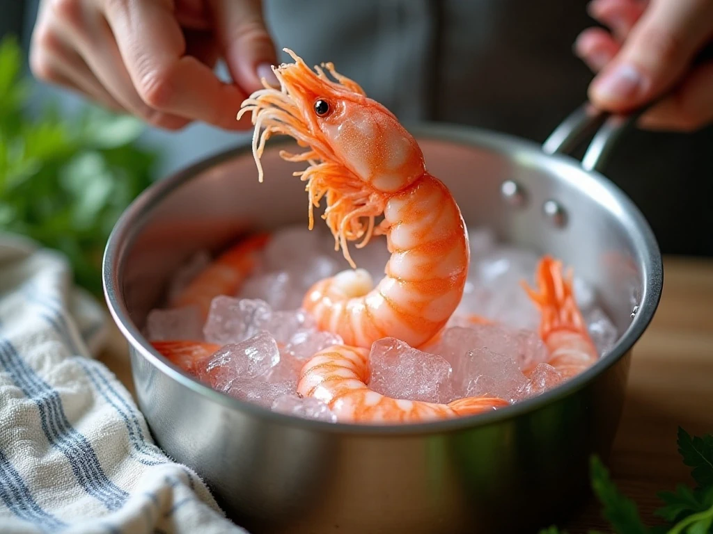 Cooling cooked shrimp in ice water for seafood salad