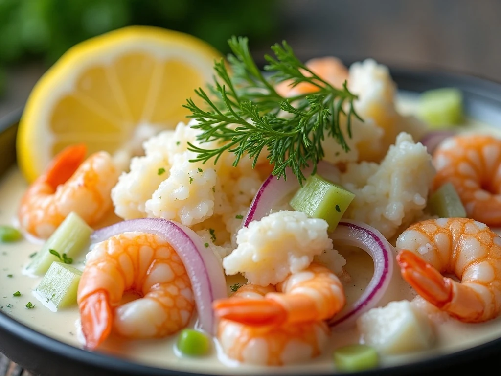 Close-up of garnished creamy seafood salad with shrimp and crab