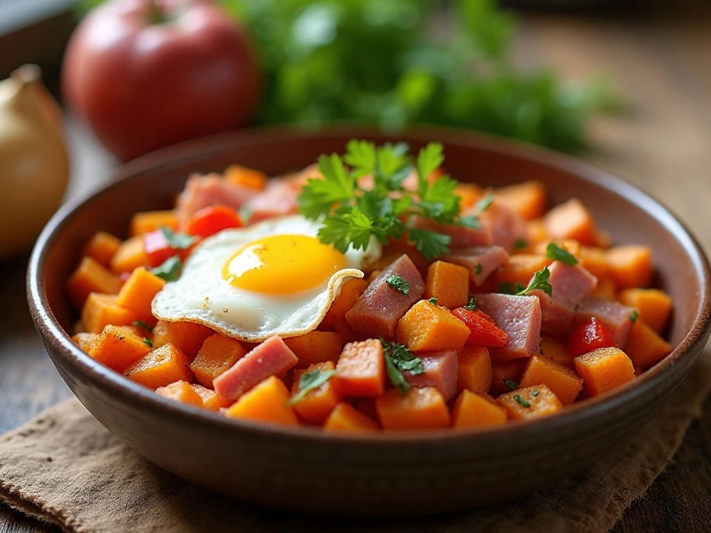 Sweet potato and ham hash served with a fried egg