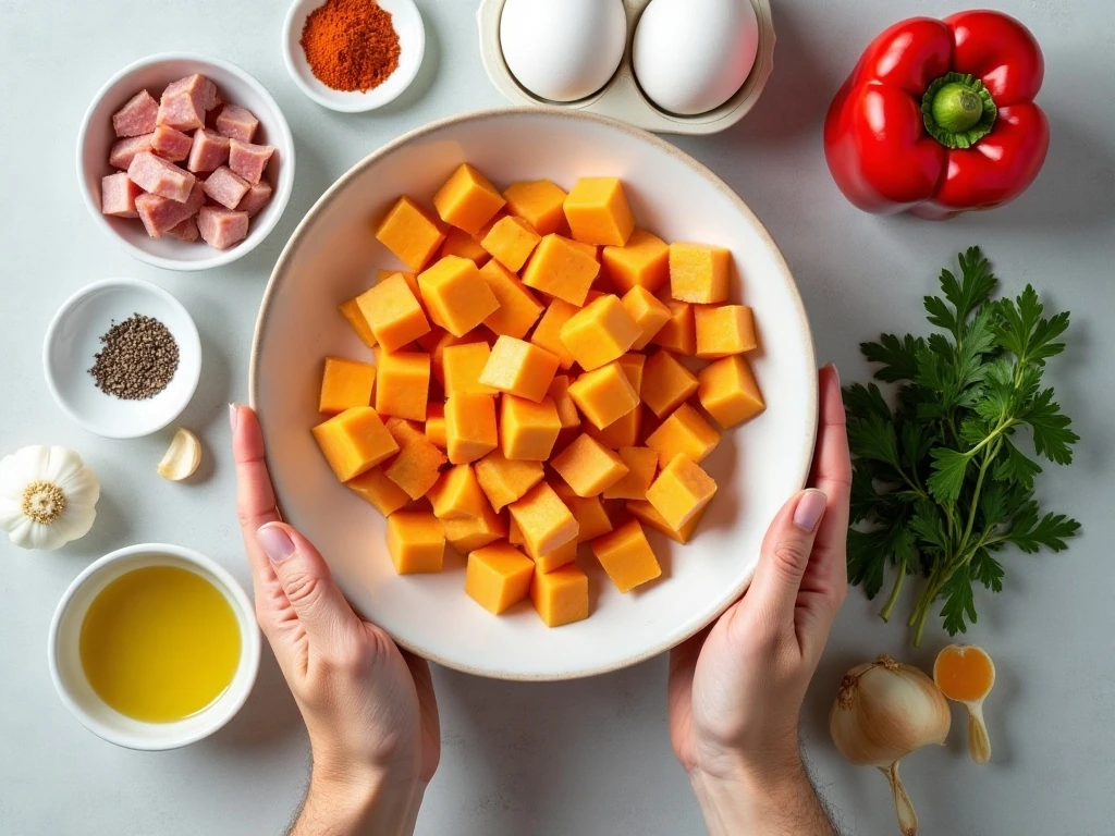 Ingredients for sweet potato and ham hash