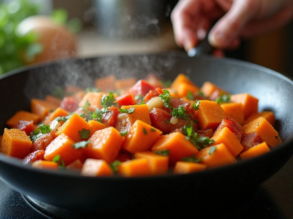 Sweet potatoes, vegetables, and ham cooking in a skillet