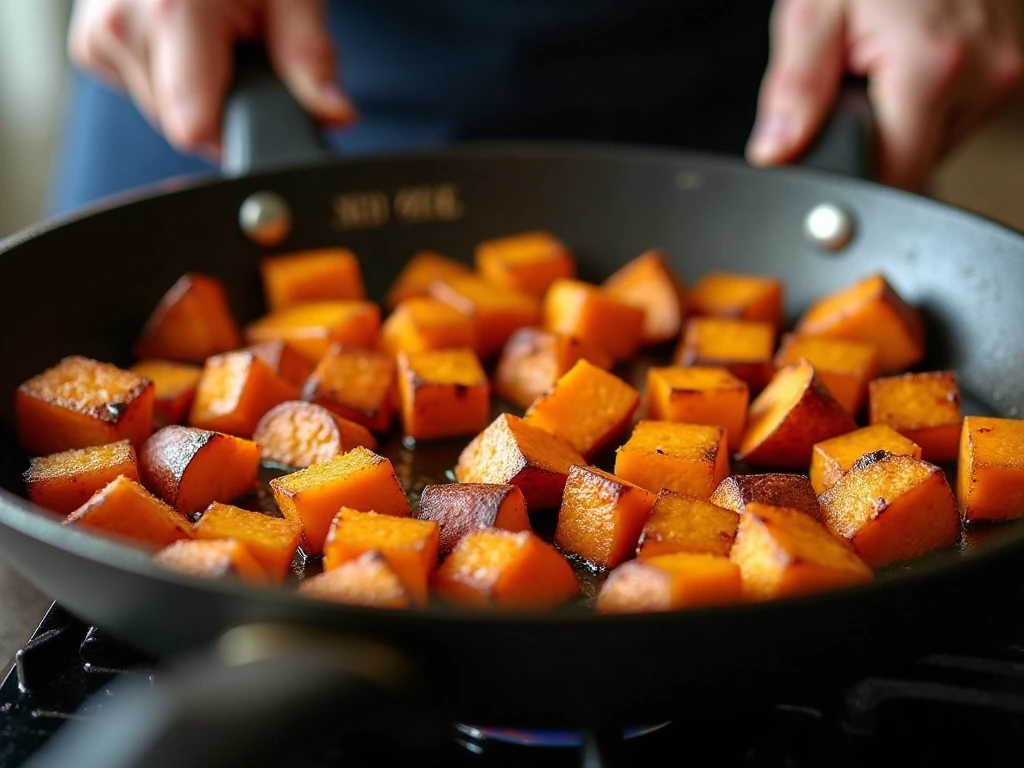 Sweet potato cubes browning for crisp hash