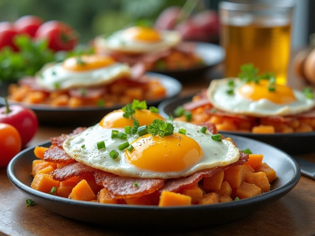 Sweet potato ham hash brunch serving idea