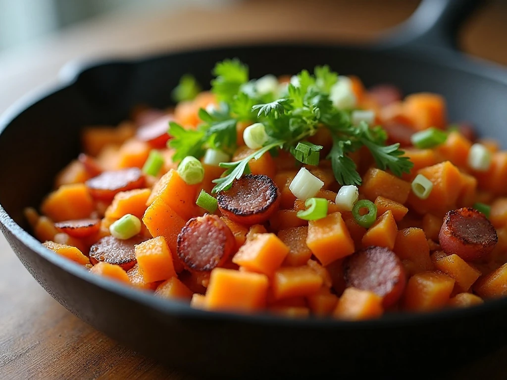 Reheated sweet potato and ham hash with fresh garnish