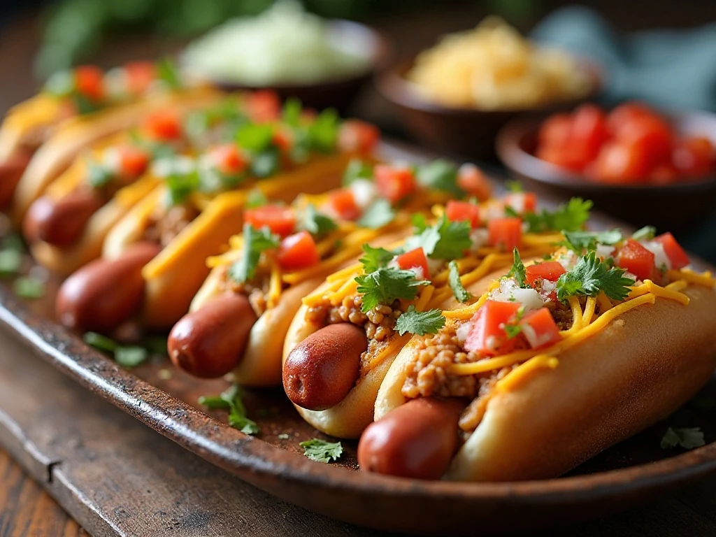 Platter of loaded taco hot dogs with fresh toppings