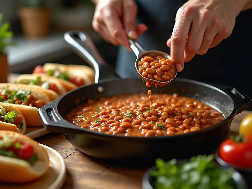 Preparing seasoned beans and hot dogs for taco hot dogs