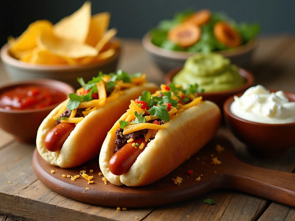 Taco hot dog dinner spread with optional toppings