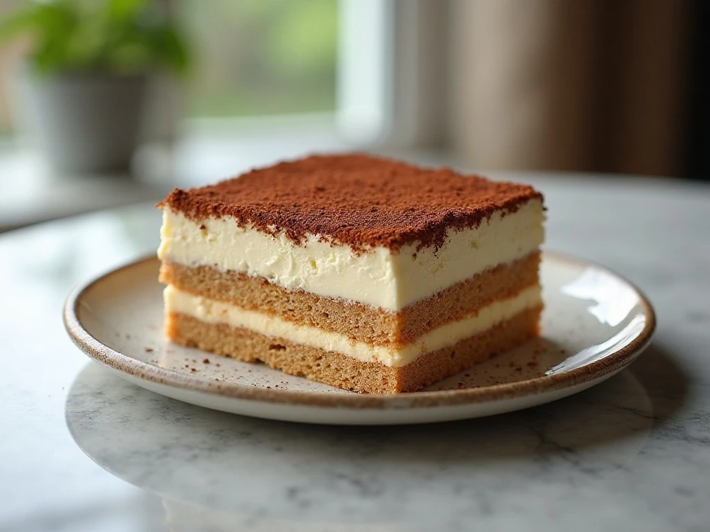 A square dish of creamy homemade tiramisu dusted with cocoa
