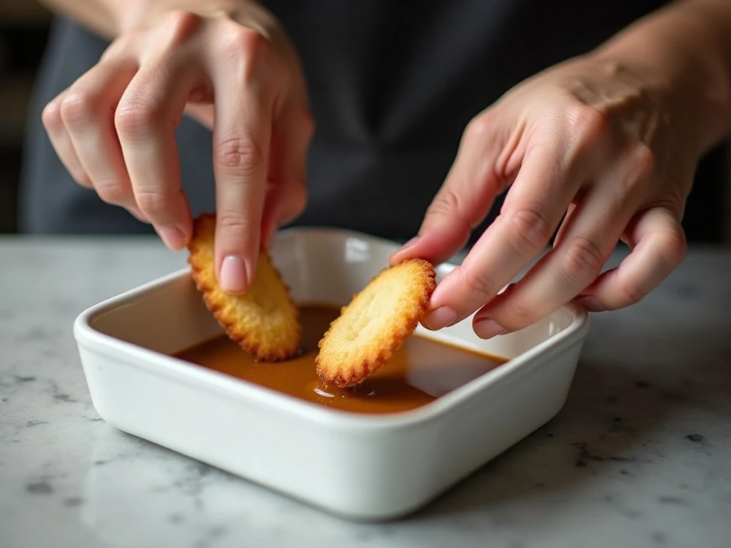 Quickly dipping Italian ladyfingers in coffee for tiramisu