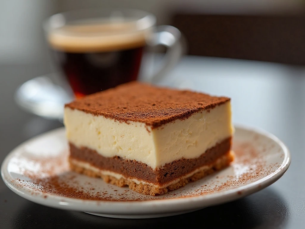 Cocoa-dusted tiramisu slice ready to serve