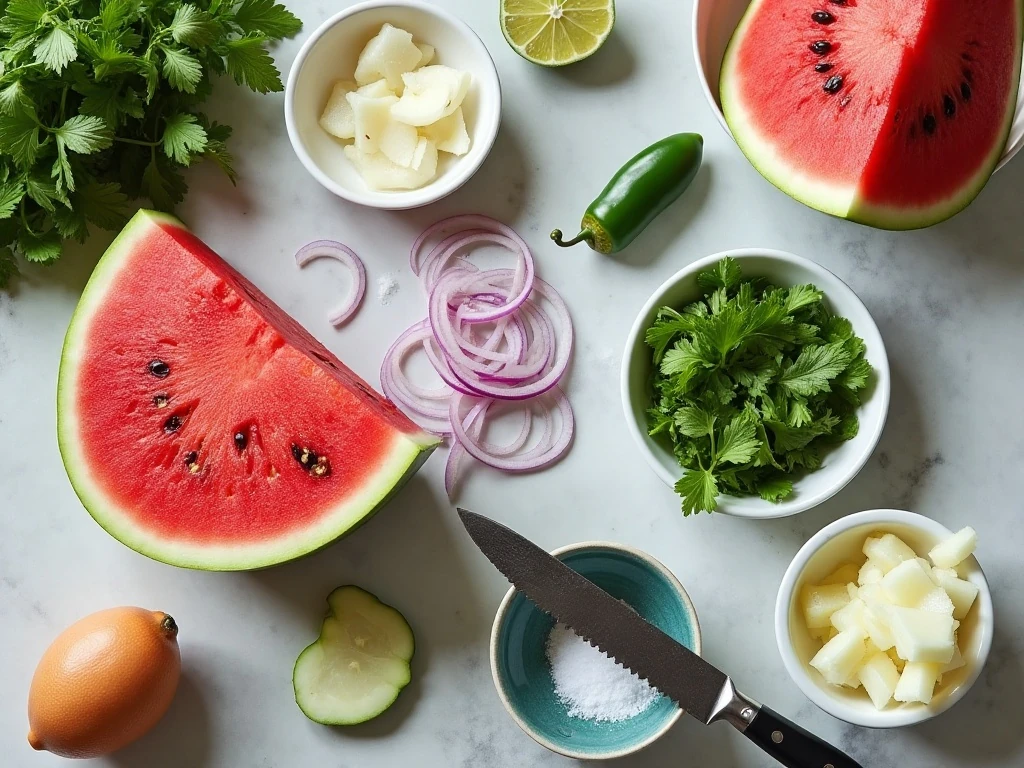 Ingredients for watermelon jicama salsa arranged on a counter