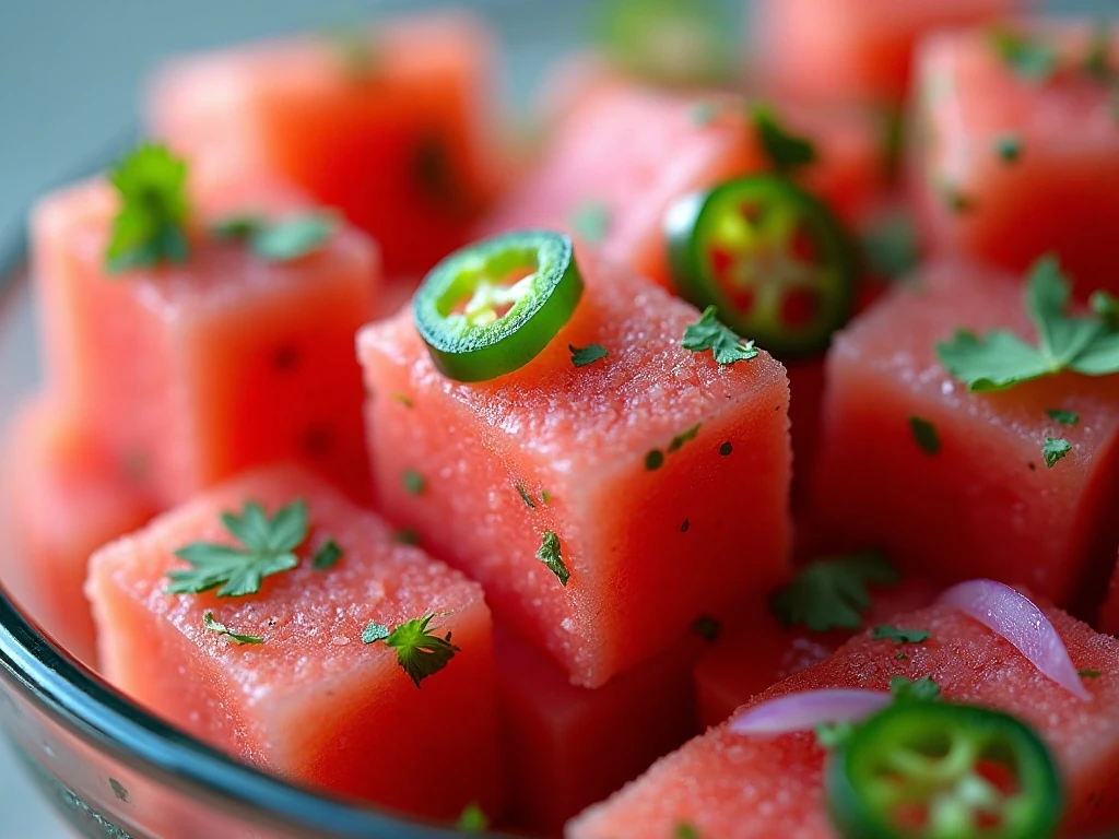 Close-up of the crisp texture in watermelon jicama salsa