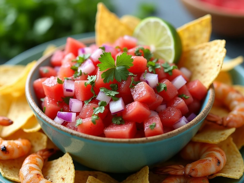 Watermelon jicama salsa served with tortilla chips and grilled shrimp