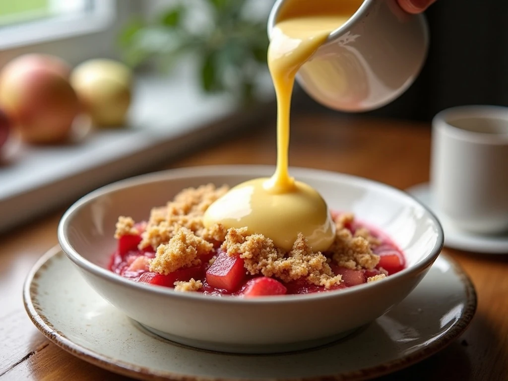 Warm rhubarb crumble with golden topping and custard
