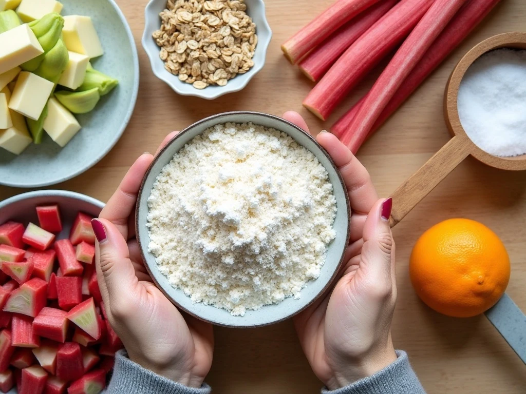 Ingredients for sweet and tangy rhubarb crumble