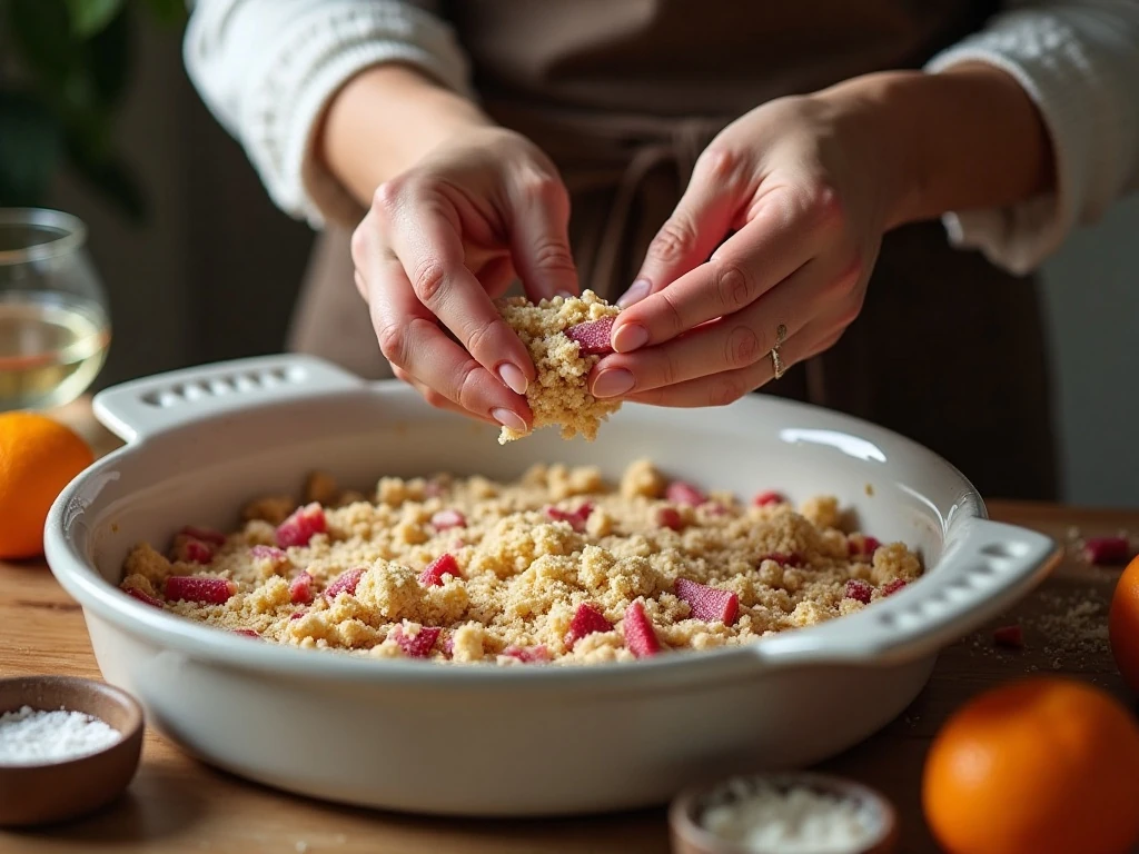 Making the buttery crumble topping for rhubarb dessert