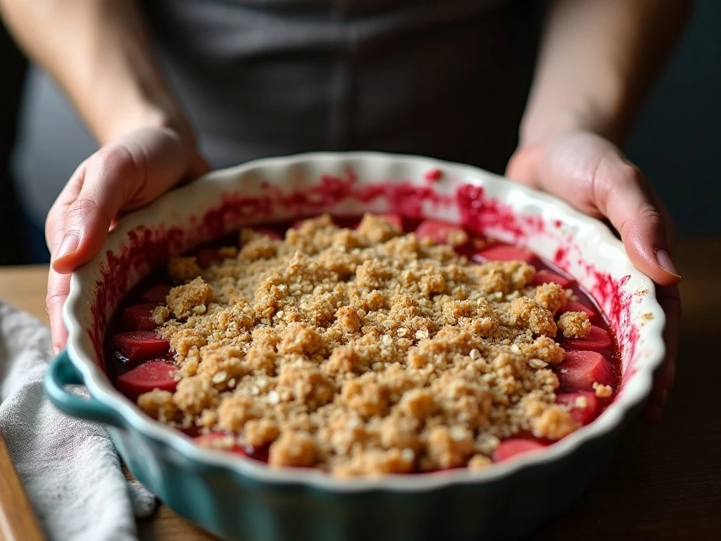 Loose crumble topping arranged over rhubarb before baking