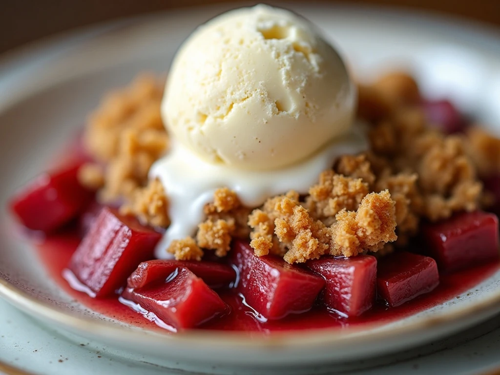 Rhubarb crumble served with melting vanilla ice cream