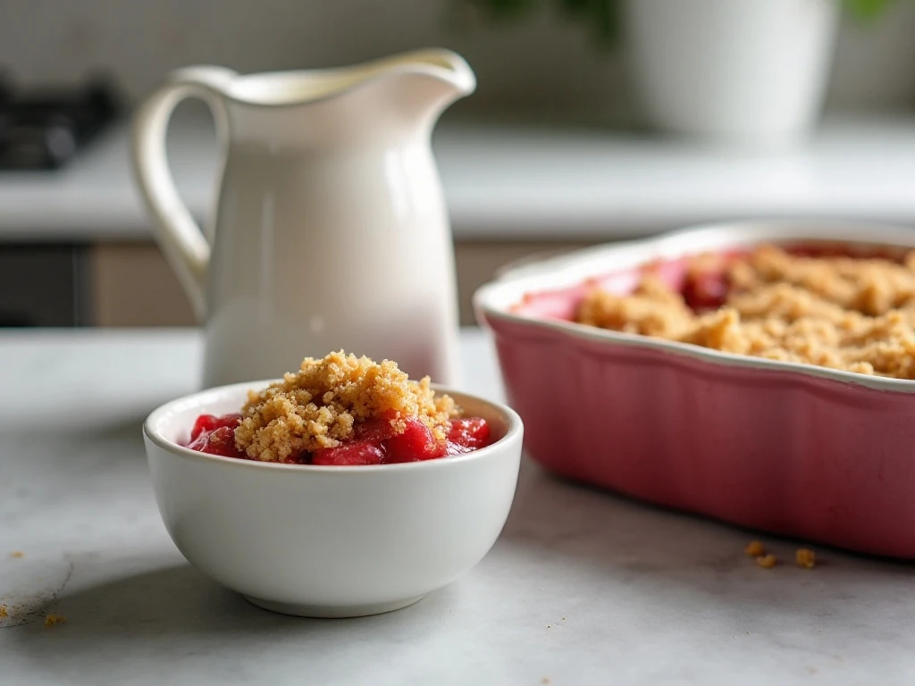 Rhubarb crumble ready for serving after reheating