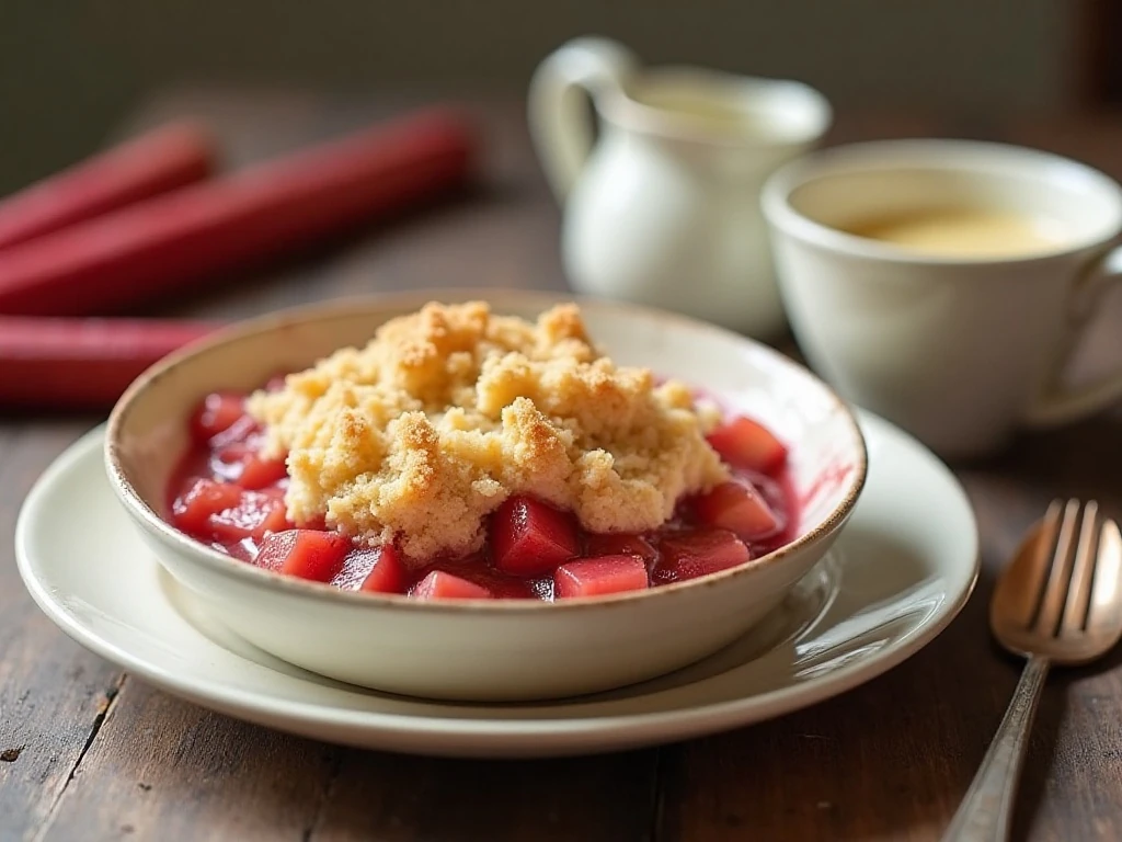 Warm rhubarb crumble with golden topping and vanilla custard