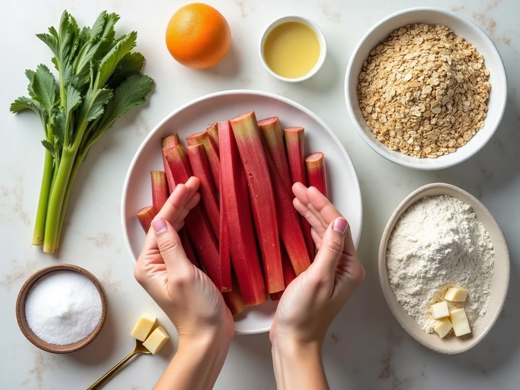 Ingredients for homemade rhubarb crumble arranged on a counter