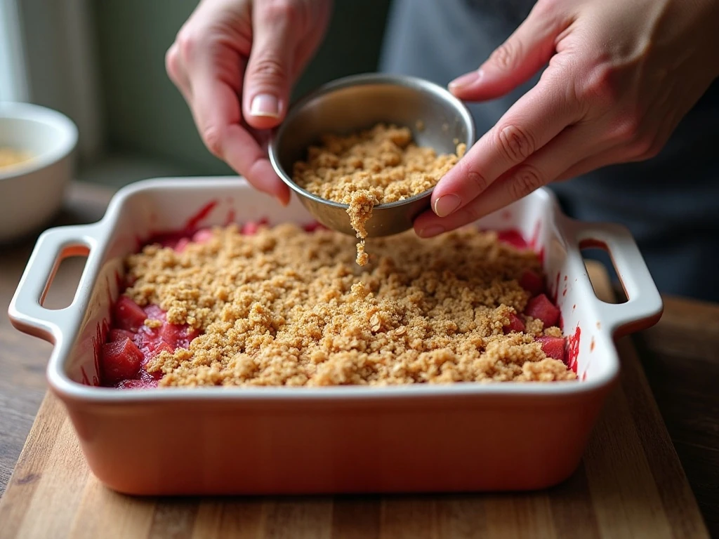 Loose crumble topping scattered over prepared rhubarb filling
