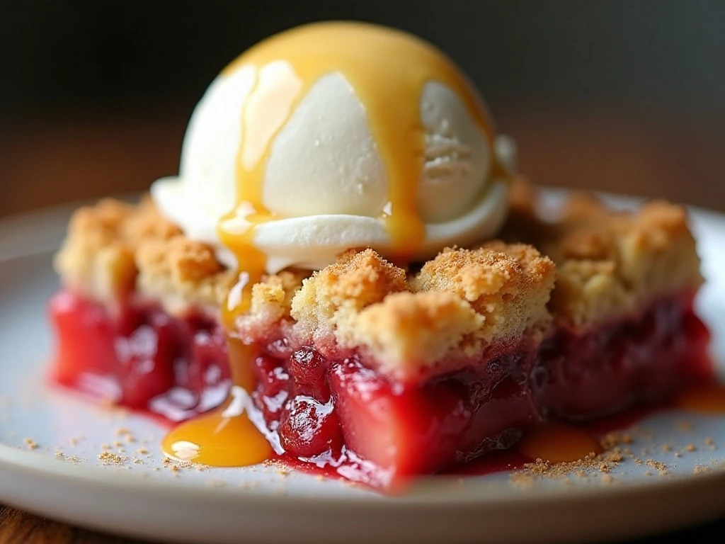 Close-up of rhubarb crumble with melting vanilla ice cream