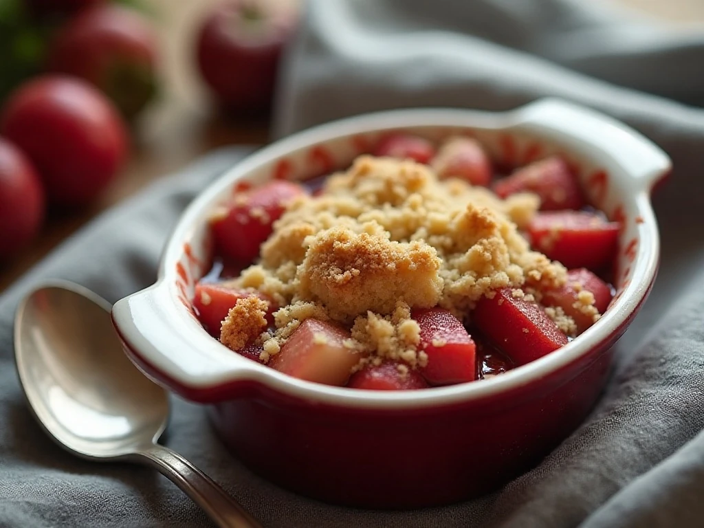 Warm leftover rhubarb crumble ready to serve