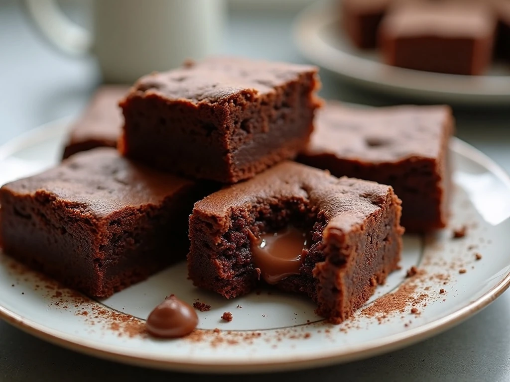 Stack of rich fudgy deluxe brownies with chocolate chips