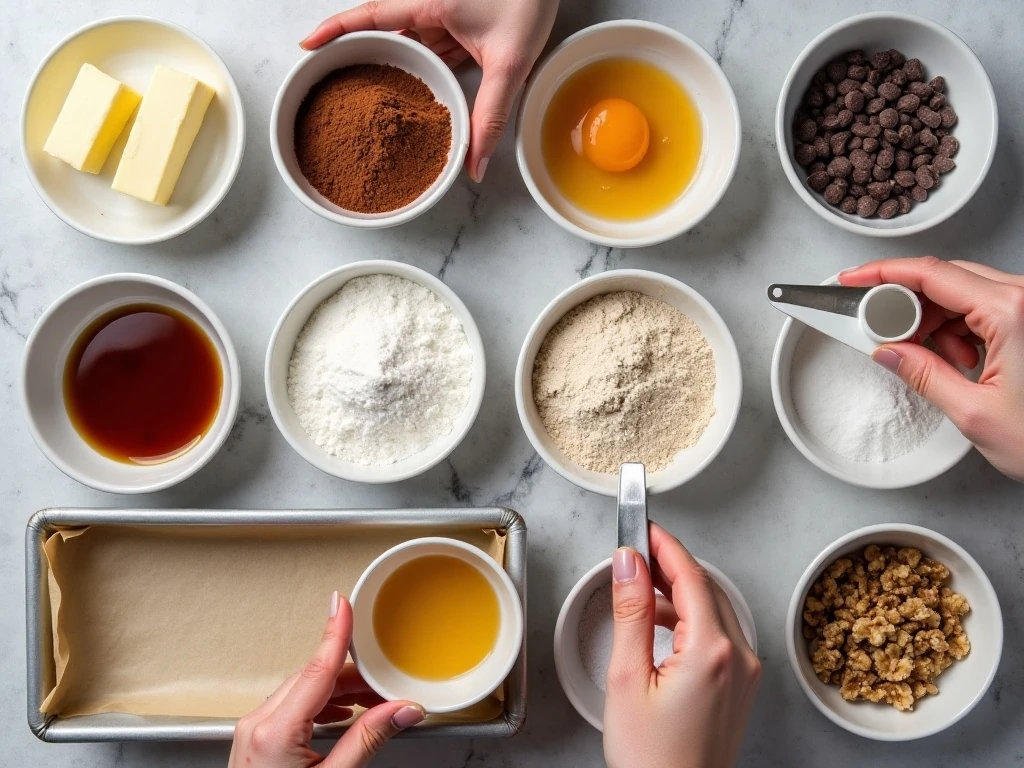 Ingredients for homemade deluxe brownies arranged for baking