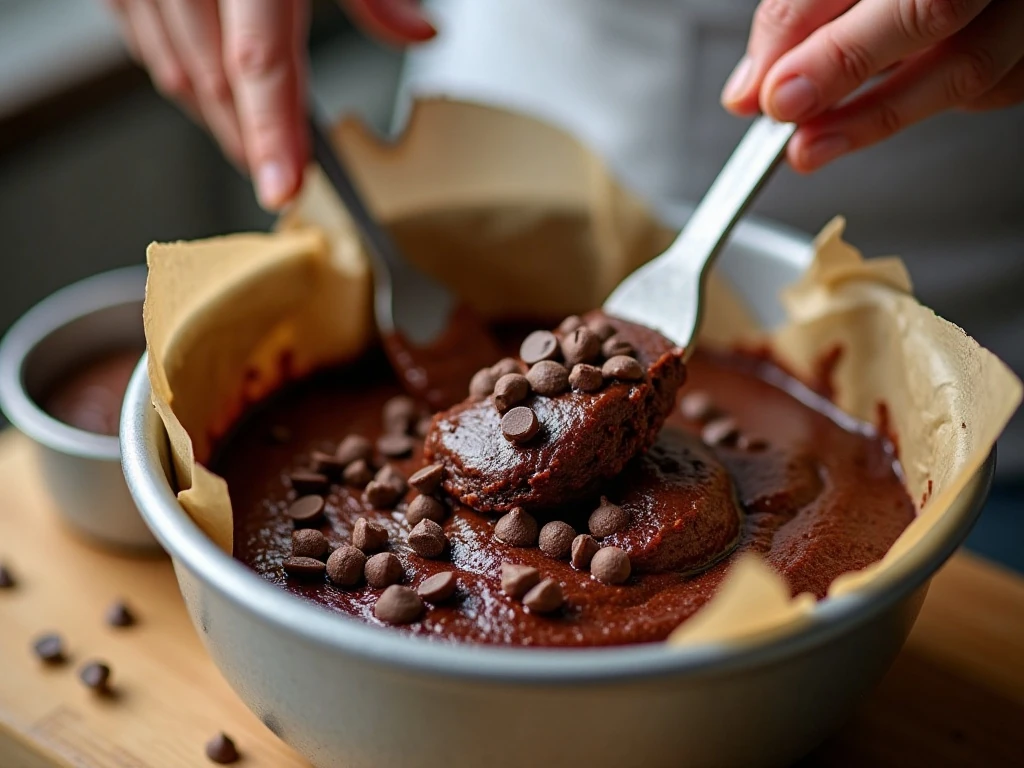 Folding chocolate chips into fudgy brownie batter