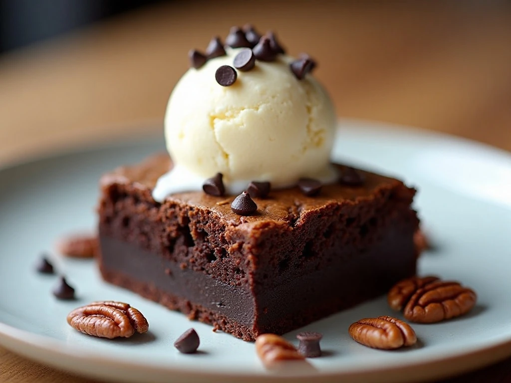 Deluxe brownie served with vanilla ice cream and pecans