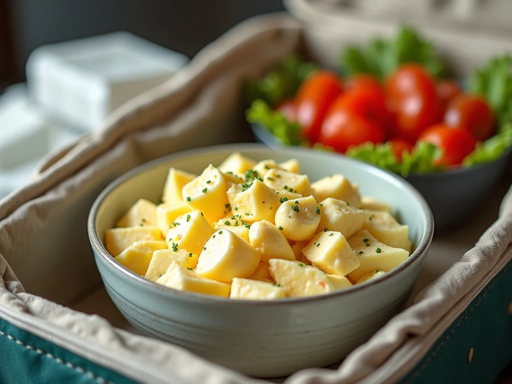Chilled deviled egg potato salad stored safely for serving