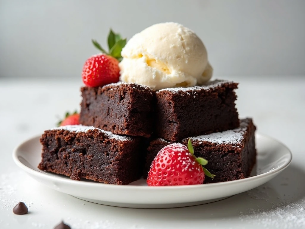 Thick fudgy Diet Coke brownies served with ice cream and powdered sugar